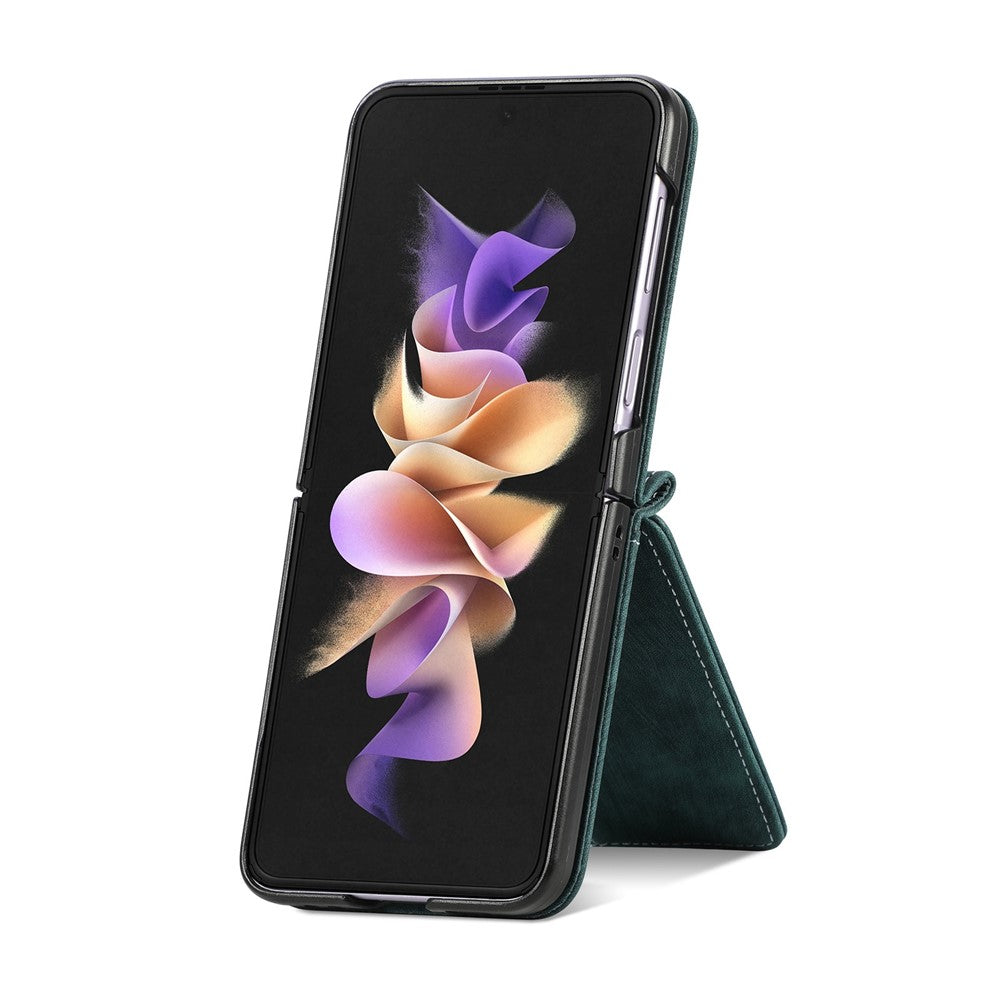 Samsung Galaxy Z Flip4 5G Flera kortplatser Blixtlåsficka Helt vikbart mobilskal Retrotextur Läderbelagt PC Stativfodral
