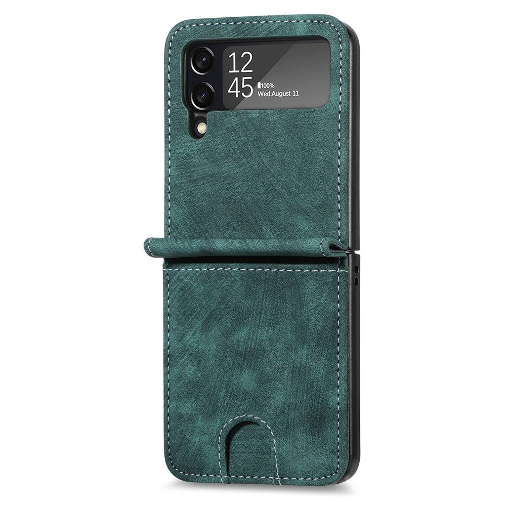 Samsung Galaxy Z Flip4 5G Flera kortplatser Blixtlåsficka Helt vikbart mobilskal Retrotextur Läderbelagt PC Stativfodral