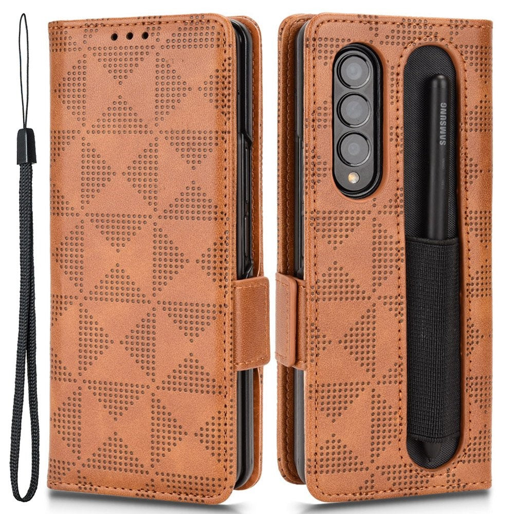 For Samsung Galaxy Z Fold4 5G Shockproof Phone Case with Pen Slot Triangle Pattern Imprinted PU Leather Flip Wallet Cover Stand