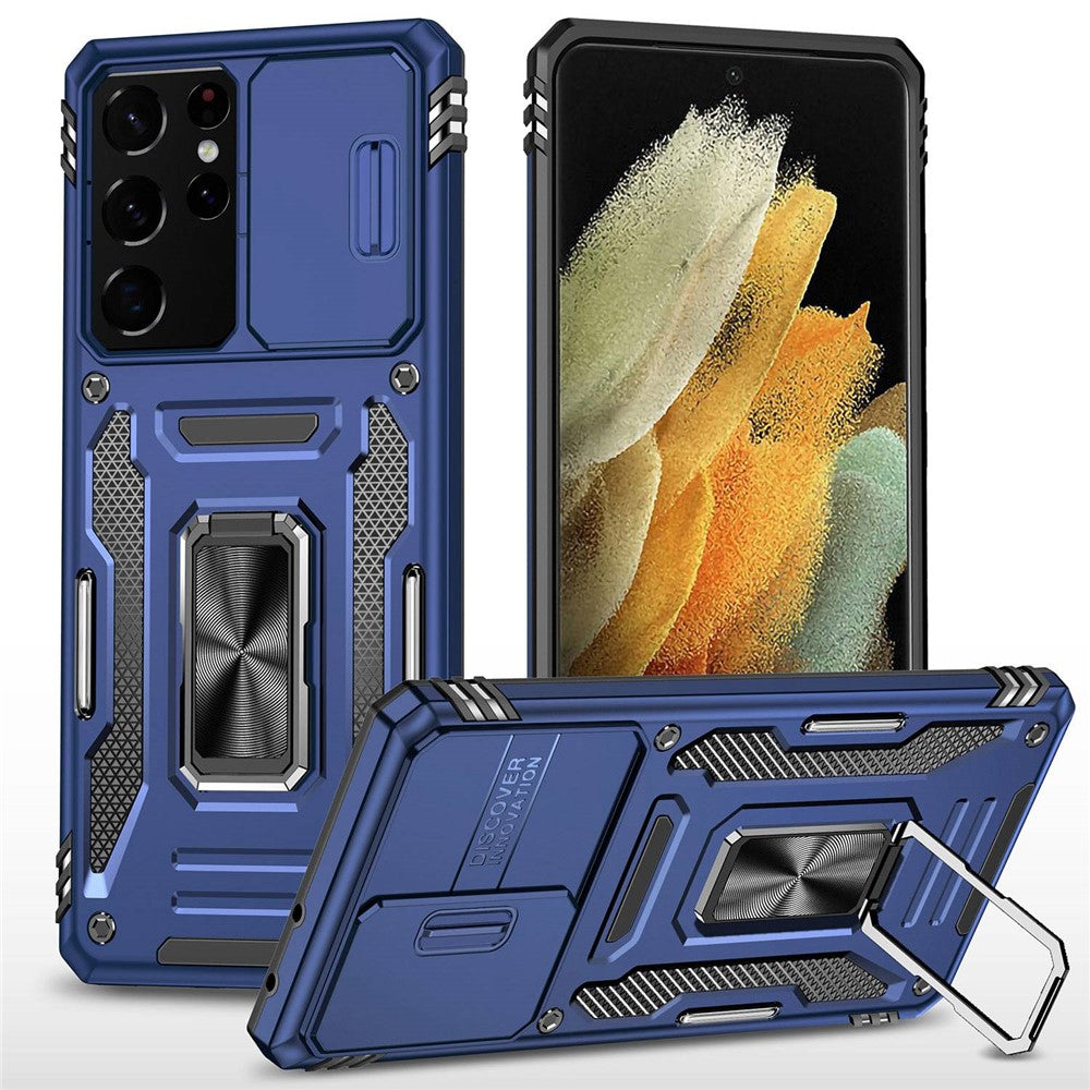 For Samsung Galaxy S21 Ultra 5G Anti-Fall Phone Case Slide Camera Cover PC + TPU Ring Kickstand Cell Phone Shell