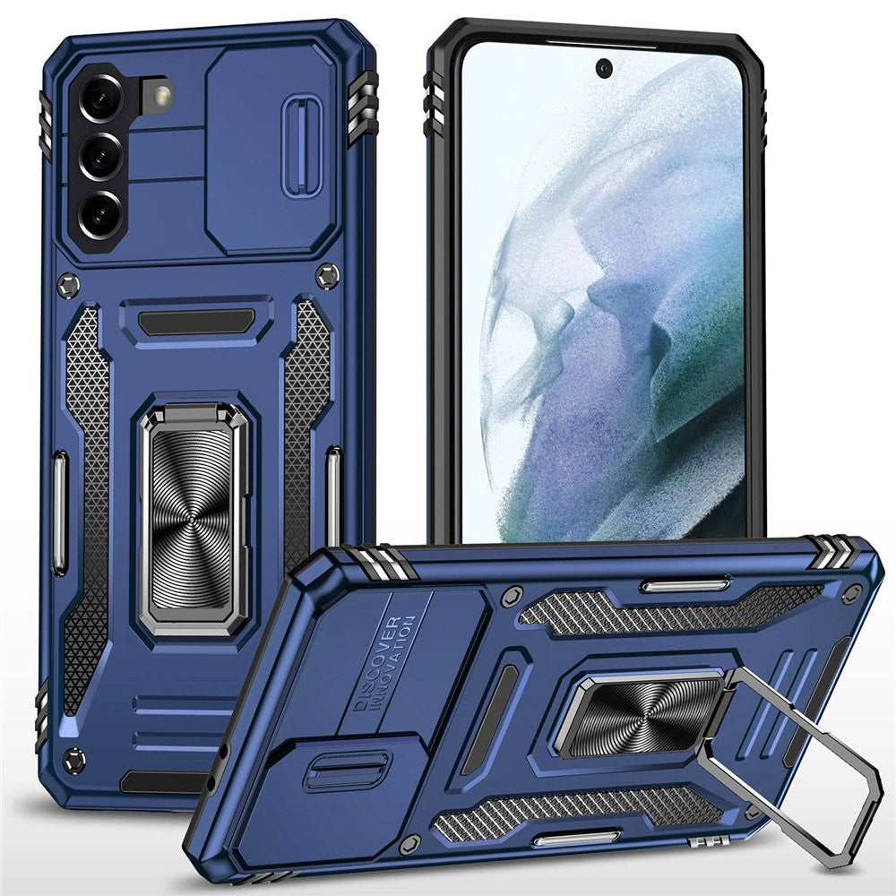 For Samsung Galaxy S21+ 5G Shockproof Case with Slide Lens Cover PC + TPU Ring Kickstand Cell Phone Anti-Drop Case