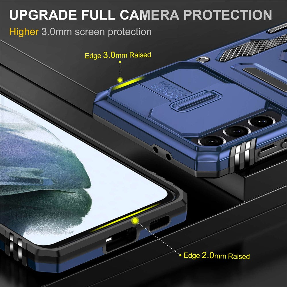 For Samsung Galaxy S21+ 5G Shockproof Case with Slide Lens Cover PC + TPU Ring Kickstand Cell Phone Anti-Drop Case