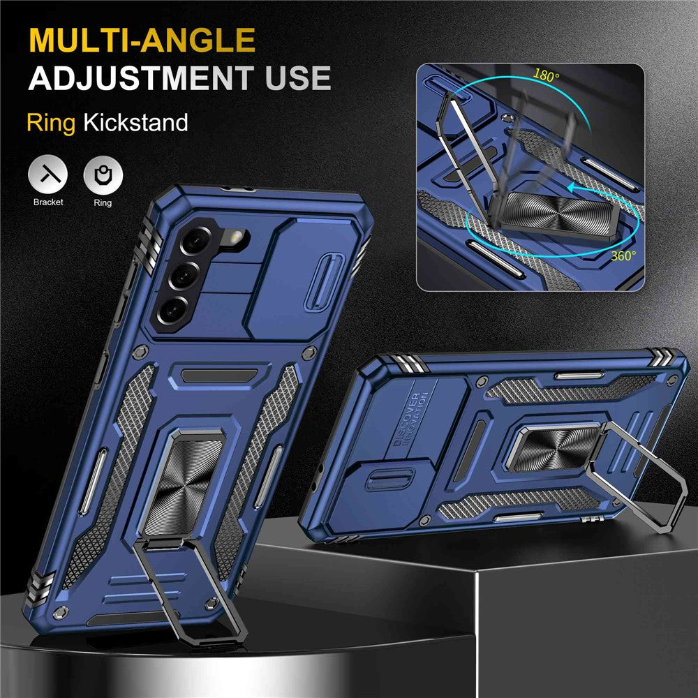 Stötsäkert skal med glidande linsskydd för Samsung Galaxy S21+ 5G, PC + TPU-ring, stativ, fallskydd, mobilmobilskal
