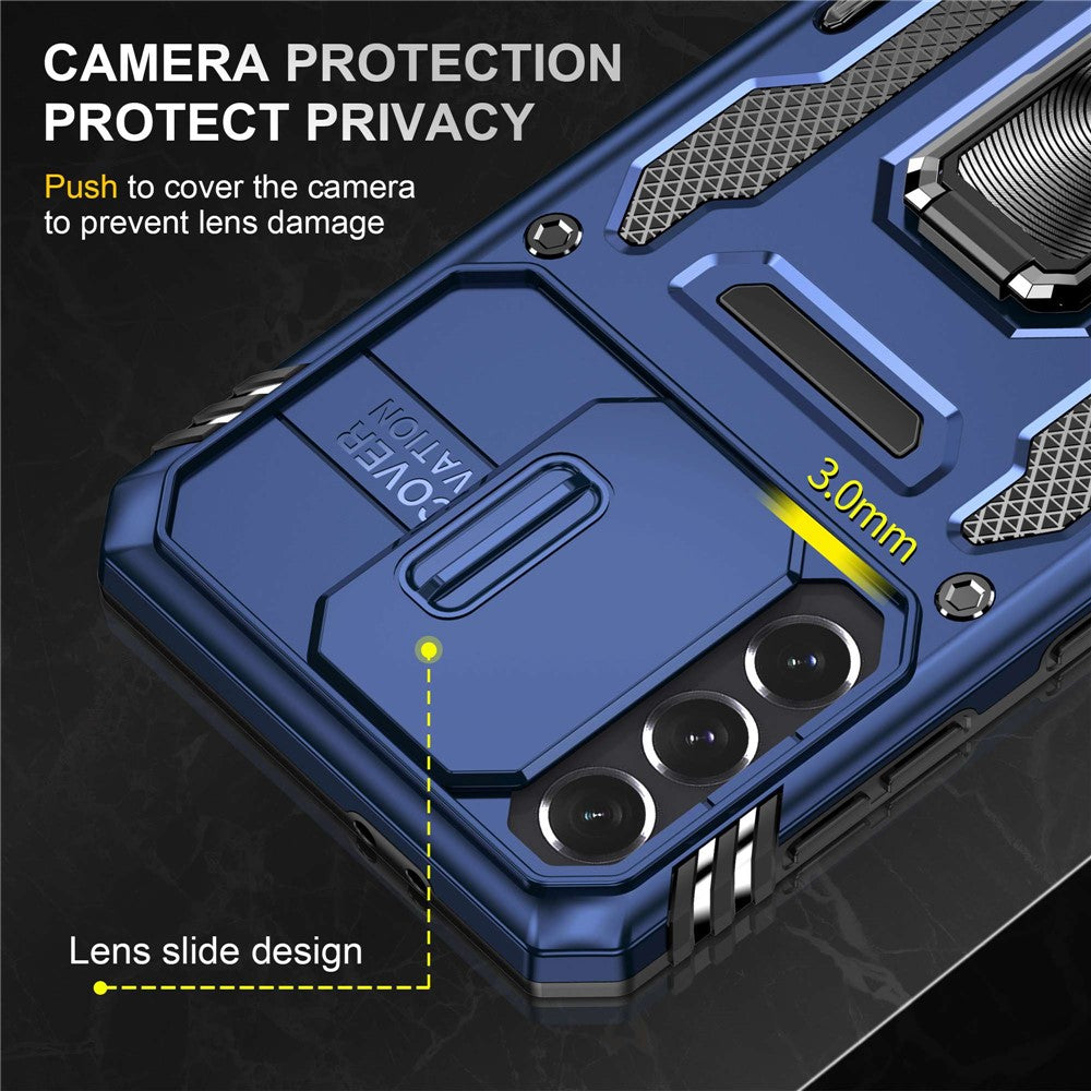 For Samsung Galaxy S21+ 5G Shockproof Case with Slide Lens Cover PC + TPU Ring Kickstand Cell Phone Anti-Drop Case