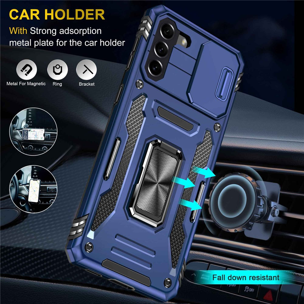 For Samsung Galaxy S21+ 5G Shockproof Case with Slide Lens Cover PC + TPU Ring Kickstand Cell Phone Anti-Drop Case