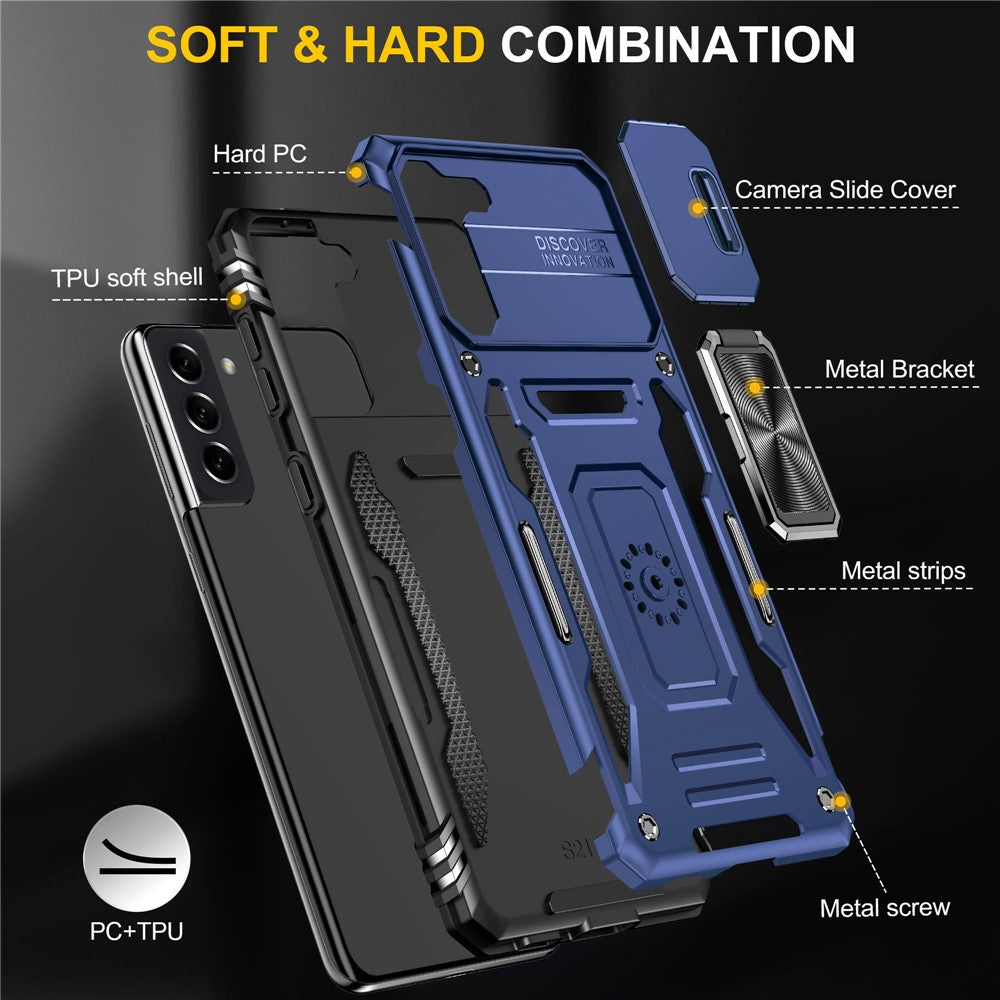 For Samsung Galaxy S21+ 5G Shockproof Case with Slide Lens Cover PC + TPU Ring Kickstand Cell Phone Anti-Drop Case