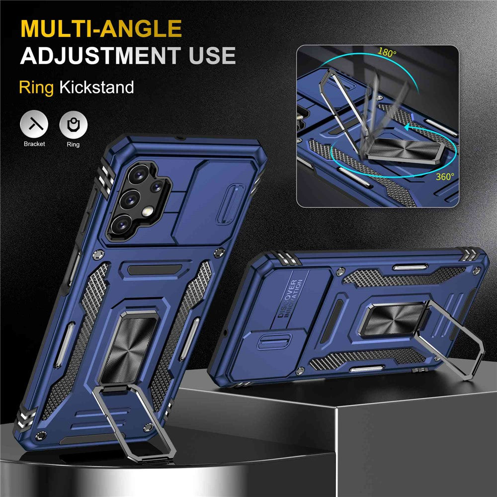 Til Samsung Galaxy A32 5G / Galaxy M32 5G Beskyttelsescover med skydelinsedæksel PC + TPU Ring Kickstand Mobiltelefon Anti-fald Cover