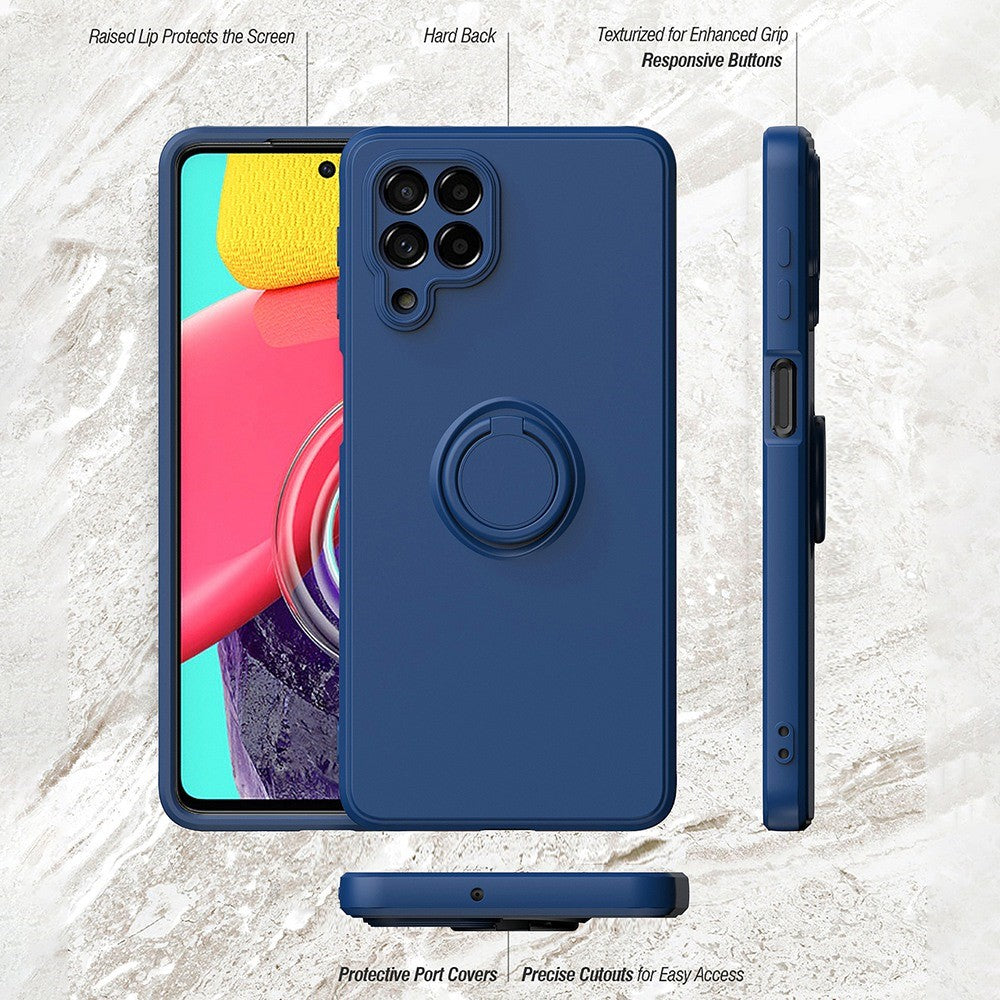 For Samsung Galaxy M53 5G Finger Ring Kickstand Design Anti-scratch Cover Liquid Silicone Cell Phone Protective Case