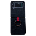 For Samsung Galaxy Z Flip4 5G Anti-scratch Crocodile Texture Genuine Leather Coated PC Folding Phone Case with Finger Ring Holder