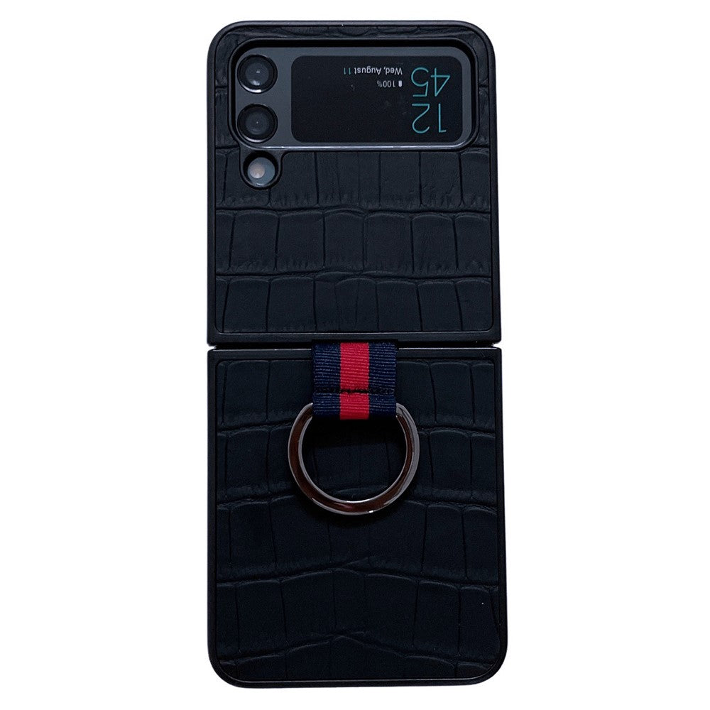 For Samsung Galaxy Z Flip4 5G Anti-scratch Crocodile Texture Genuine Leather Coated PC Folding Phone Case with Finger Ring Holder