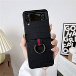For Samsung Galaxy Z Flip4 5G Anti-scratch Crocodile Texture Genuine Leather Coated PC Folding Phone Case with Finger Ring Holder