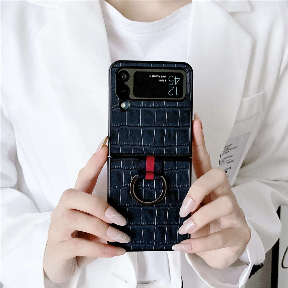 For Samsung Galaxy Z Flip4 5G Anti-scratch Crocodile Texture Genuine Leather Coated PC Folding Phone Case with Finger Ring Holder