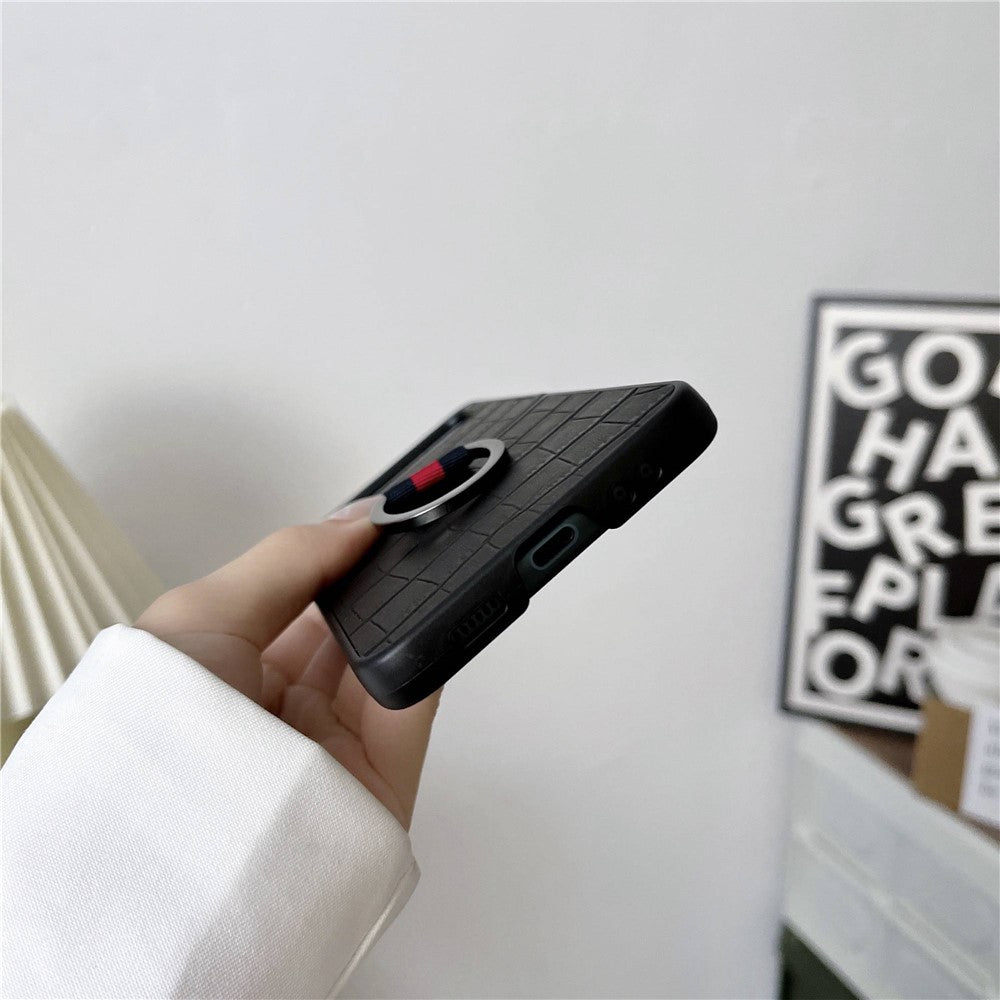 For Samsung Galaxy Z Flip4 5G Anti-scratch Crocodile Texture Genuine Leather Coated PC Folding Phone Case with Finger Ring Holder