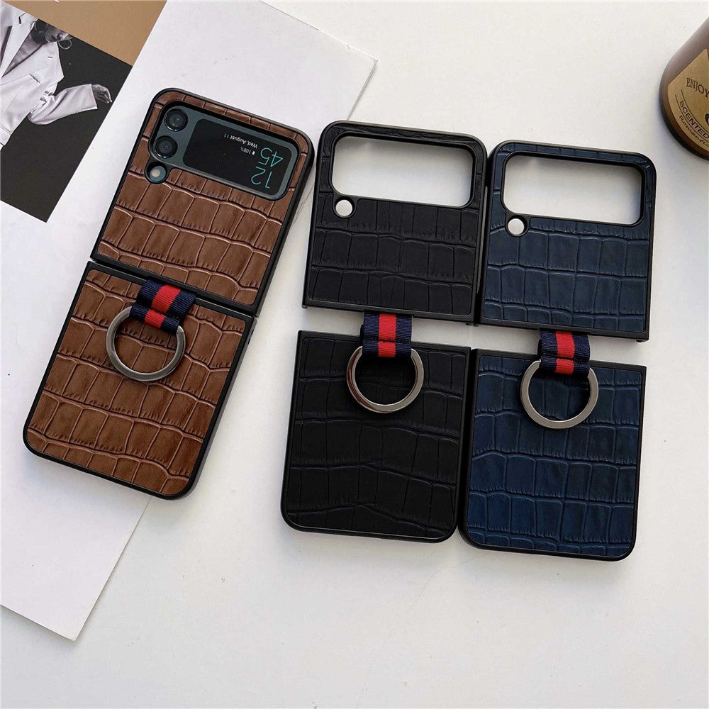 For Samsung Galaxy Z Flip4 5G Anti-scratch Crocodile Texture Genuine Leather Coated PC Folding Phone Case with Finger Ring Holder