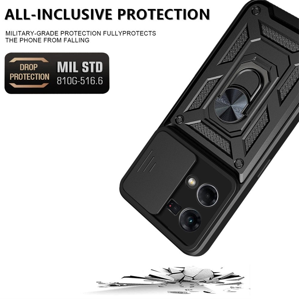 For Oppo Reno7 4G Anti-scratch Phone Cover Slide Camera Protection PC + TPU Ring Kickstand Cell Phone Case