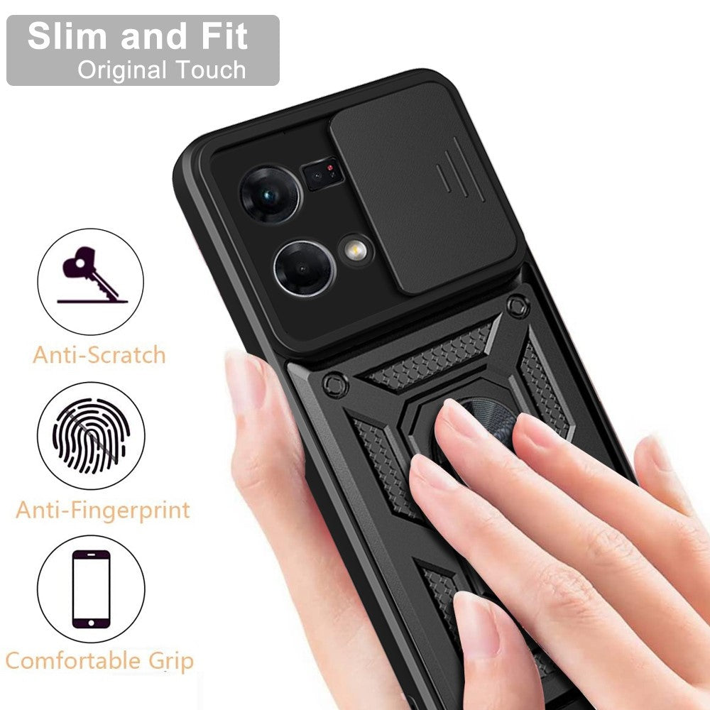 For Oppo Reno7 4G Anti-scratch Phone Cover Slide Camera Protection PC + TPU Ring Kickstand Cell Phone Case