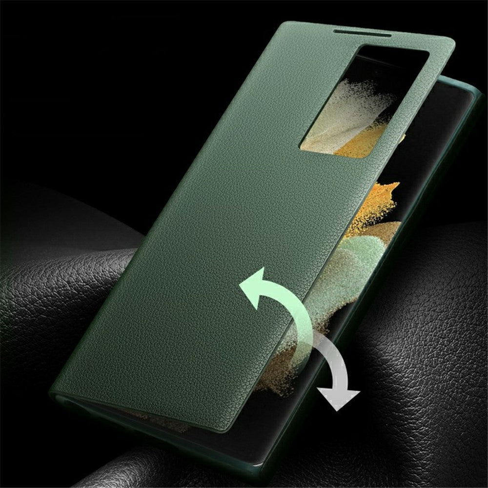 QIALINO För Samsung Galaxy S22 Ultra 5G View Window Mobilskal Smart Auto Wake Up/Sleep Äkta Kohud Läder mobilskal Flipfodral