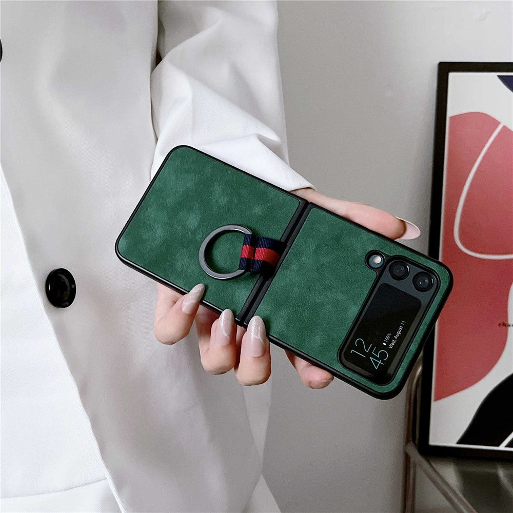For Samsung Galaxy Z Flip4 5G Metal Finger Ring Phone Case Anti-scratch PU Leather Coated PC Back Cover