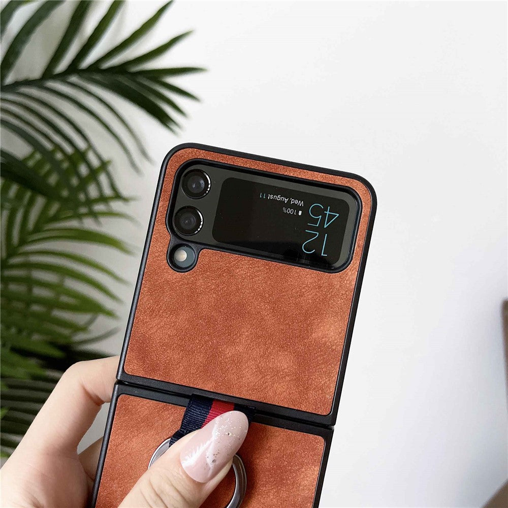 For Samsung Galaxy Z Flip4 5G Metal Finger Ring Phone Case Anti-scratch PU Leather Coated PC Back Cover