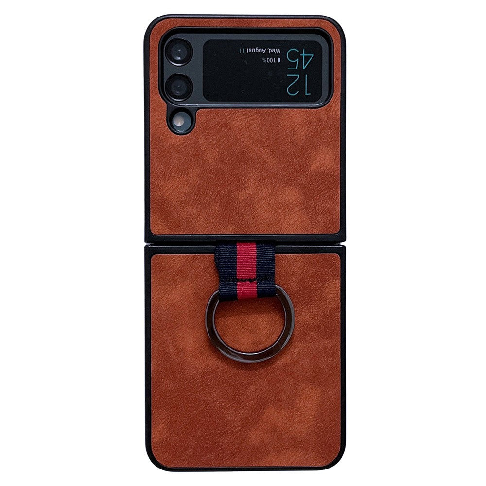 For Samsung Galaxy Z Flip4 5G Metal Finger Ring Phone Case Anti-scratch PU Leather Coated PC Back Cover