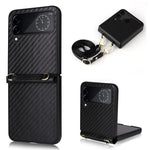For Samsung Galaxy Z Flip4 5G Carbon Fiber Texture Leather Coated PC Folding Phone Case with Long Lanyard
