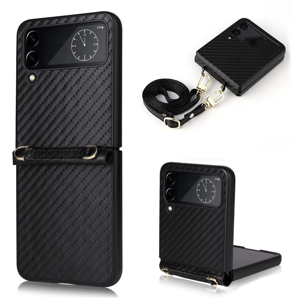 For Samsung Galaxy Z Flip4 5G Carbon Fiber Texture Leather Coated PC Folding Phone Case with Long Lanyard