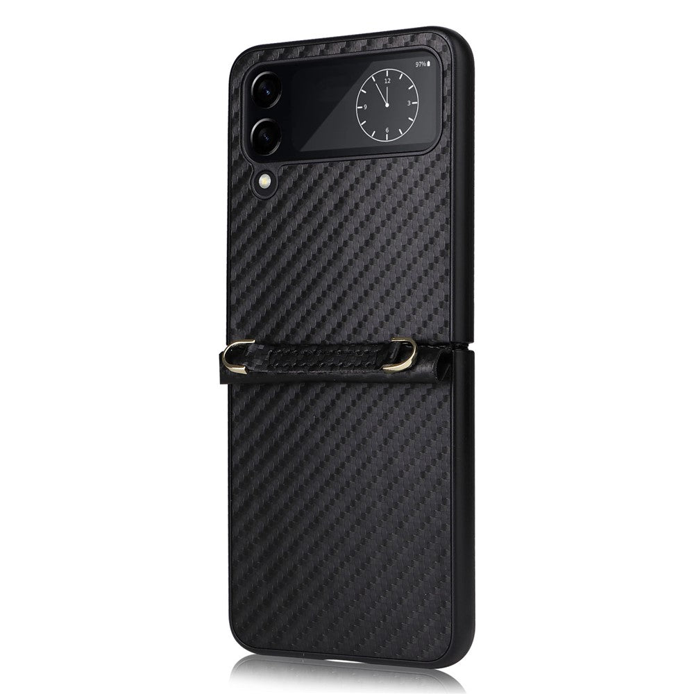 For Samsung Galaxy Z Flip4 5G Carbon Fiber Texture Leather Coated PC Folding Phone Case with Long Lanyard
