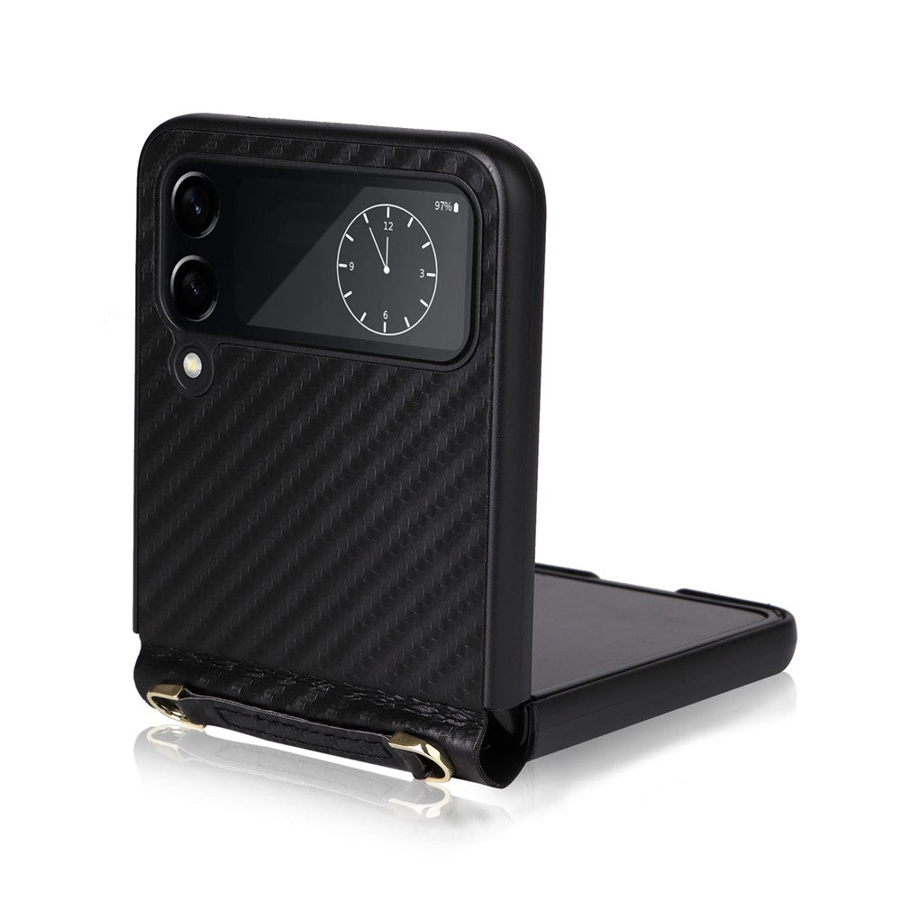 For Samsung Galaxy Z Flip4 5G Carbon Fiber Texture Leather Coated PC Folding Phone Case with Long Lanyard