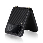 For Samsung Galaxy Z Flip4 5G Carbon Fiber Texture Leather Coated PC Folding Phone Case with Long Lanyard