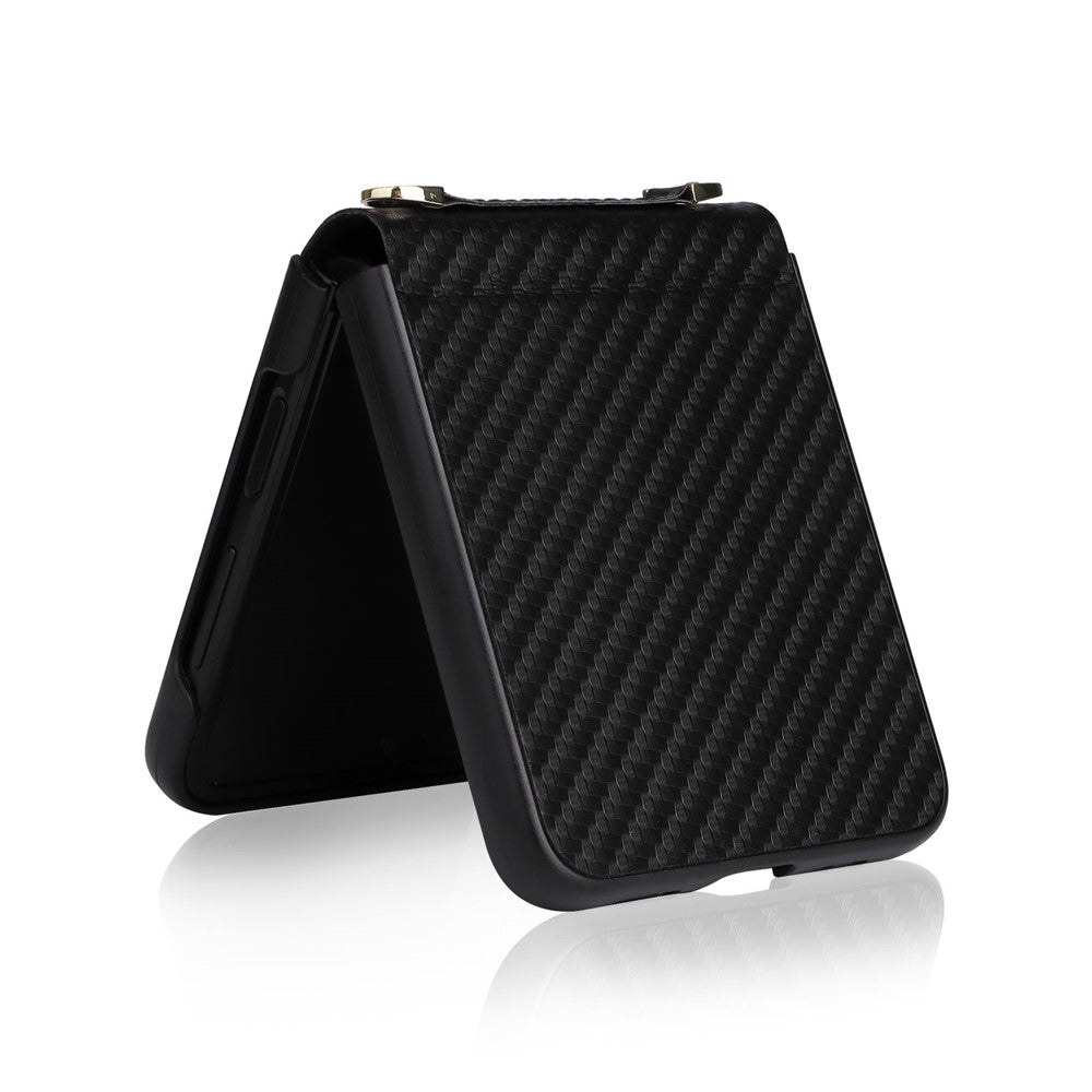 For Samsung Galaxy Z Flip4 5G Carbon Fiber Texture Leather Coated PC Folding Phone Case with Long Lanyard