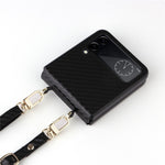 For Samsung Galaxy Z Flip4 5G Carbon Fiber Texture Leather Coated PC Folding Phone Case with Long Lanyard