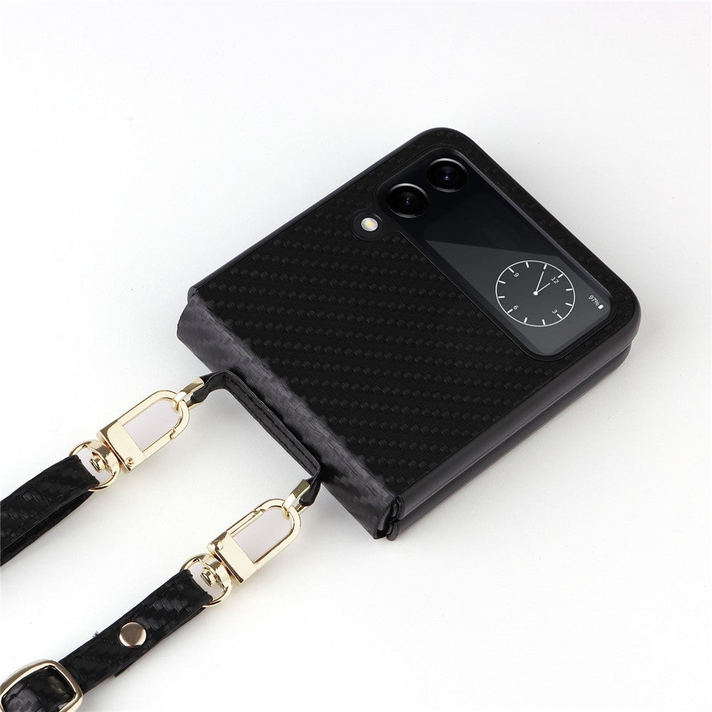 For Samsung Galaxy Z Flip4 5G Carbon Fiber Texture Leather Coated PC Folding Phone Case with Long Lanyard