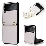 For Samsung Galaxy Z Flip4 5G Carbon Fiber Texture Leather Coated PC Folding Phone Case with Long Lanyard