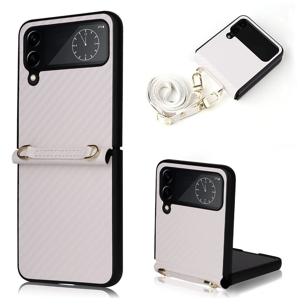 For Samsung Galaxy Z Flip4 5G Carbon Fiber Texture Leather Coated PC Folding Phone Case with Long Lanyard