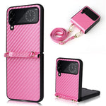 For Samsung Galaxy Z Flip4 5G Carbon Fiber Texture Leather Coated PC Folding Phone Case with Long Lanyard