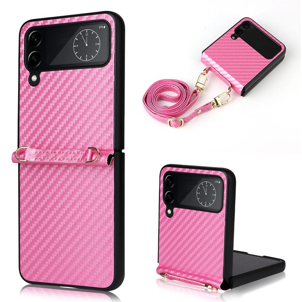 For Samsung Galaxy Z Flip4 5G Carbon Fiber Texture Leather Coated PC Folding Phone Case with Long Lanyard