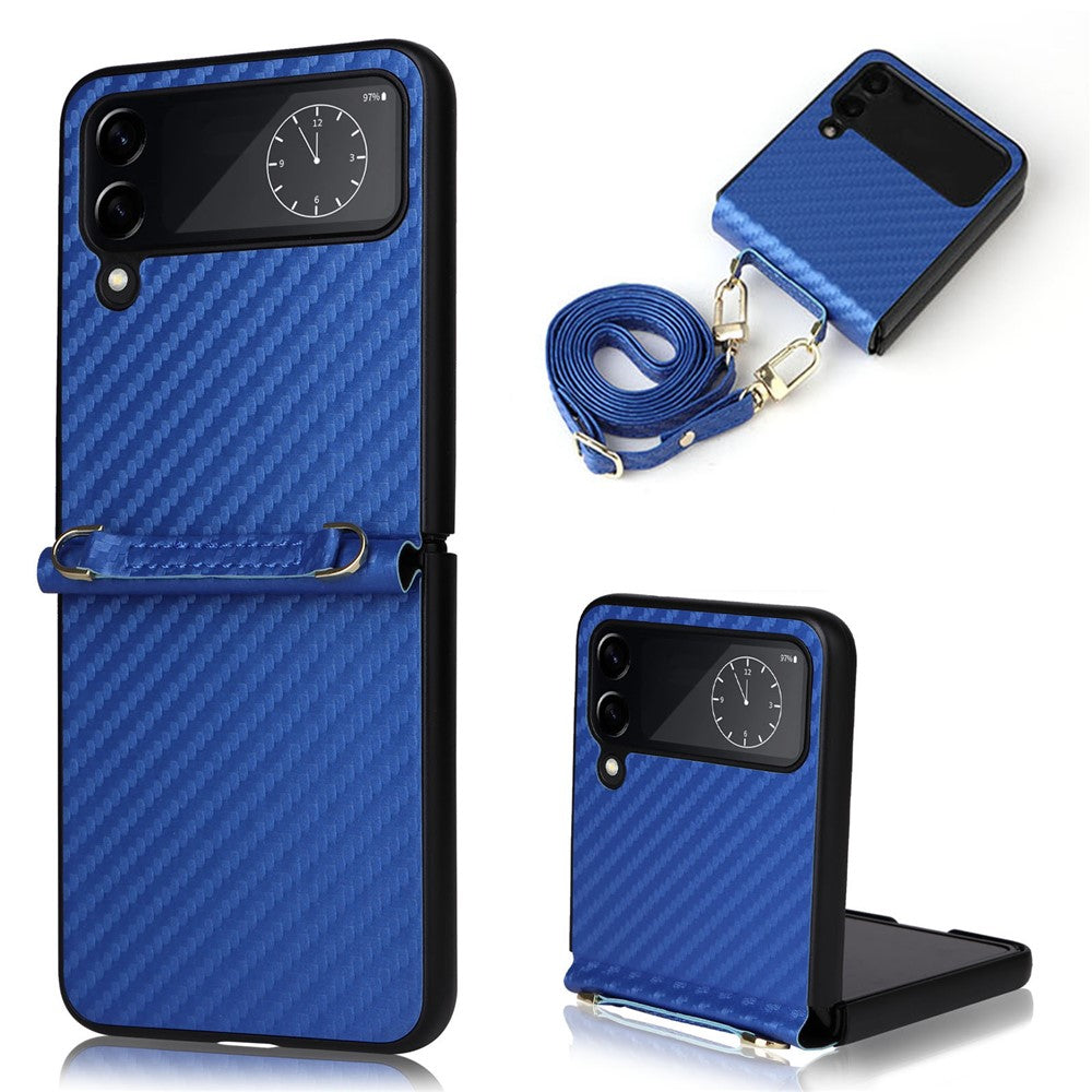 For Samsung Galaxy Z Flip4 5G Carbon Fiber Texture Leather Coated PC Folding Phone Case with Long Lanyard