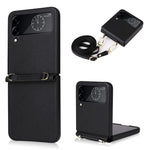 For Samsung Galaxy Z Flip4 5G Textured Leather Coated PC Cover Drop-proof Phone Case with Long Lanyard