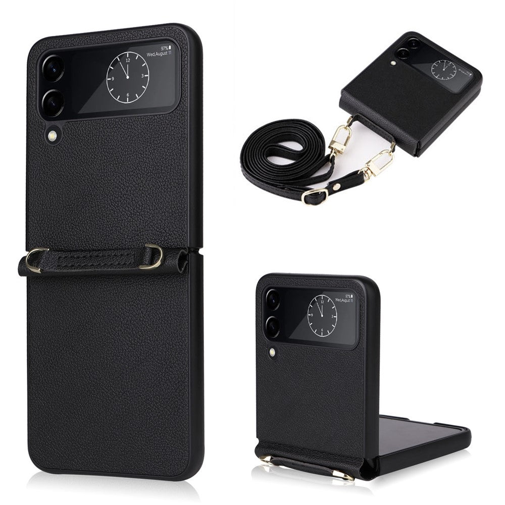 For Samsung Galaxy Z Flip4 5G Textured Leather Coated PC Cover Drop-proof Phone Case with Long Lanyard