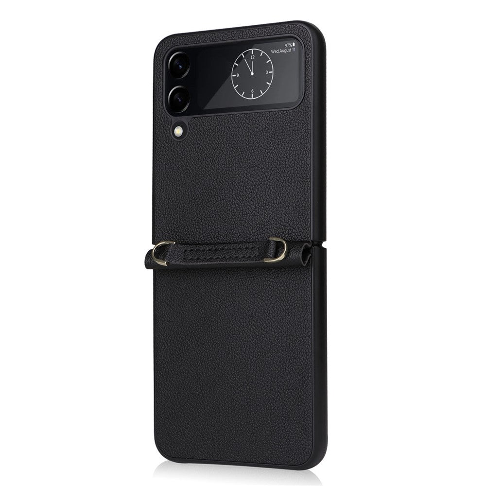 For Samsung Galaxy Z Flip4 5G Textured Leather Coated PC Cover Drop-proof Phone Case with Long Lanyard