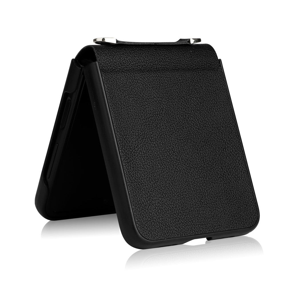 For Samsung Galaxy Z Flip4 5G Textured Leather Coated PC Cover Drop-proof Phone Case with Long Lanyard