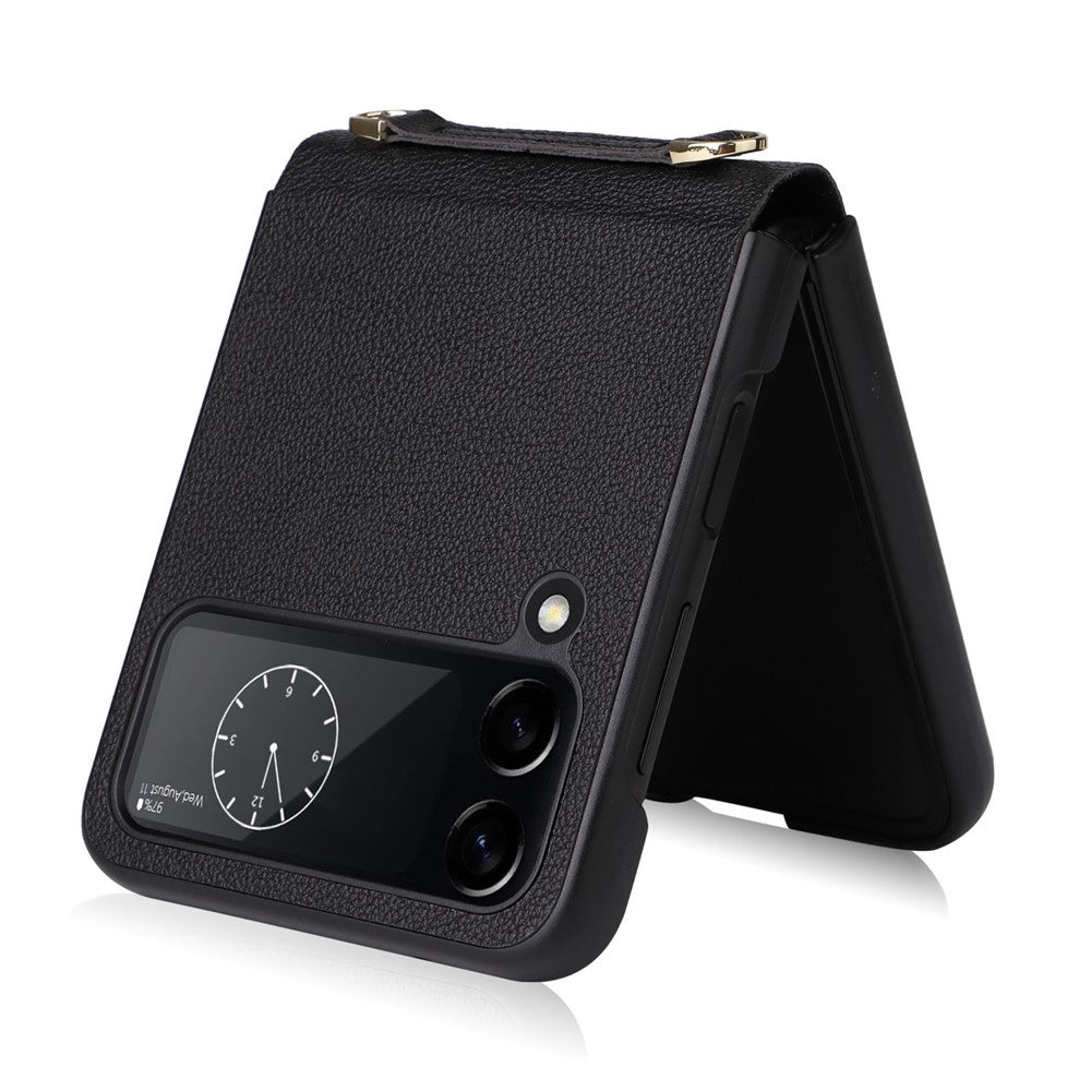 For Samsung Galaxy Z Flip4 5G Textured Leather Coated PC Cover Drop-proof Phone Case with Long Lanyard