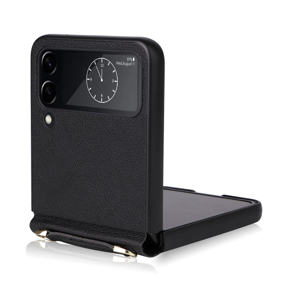 For Samsung Galaxy Z Flip4 5G Textured Leather Coated PC Cover Drop-proof Phone Case with Long Lanyard