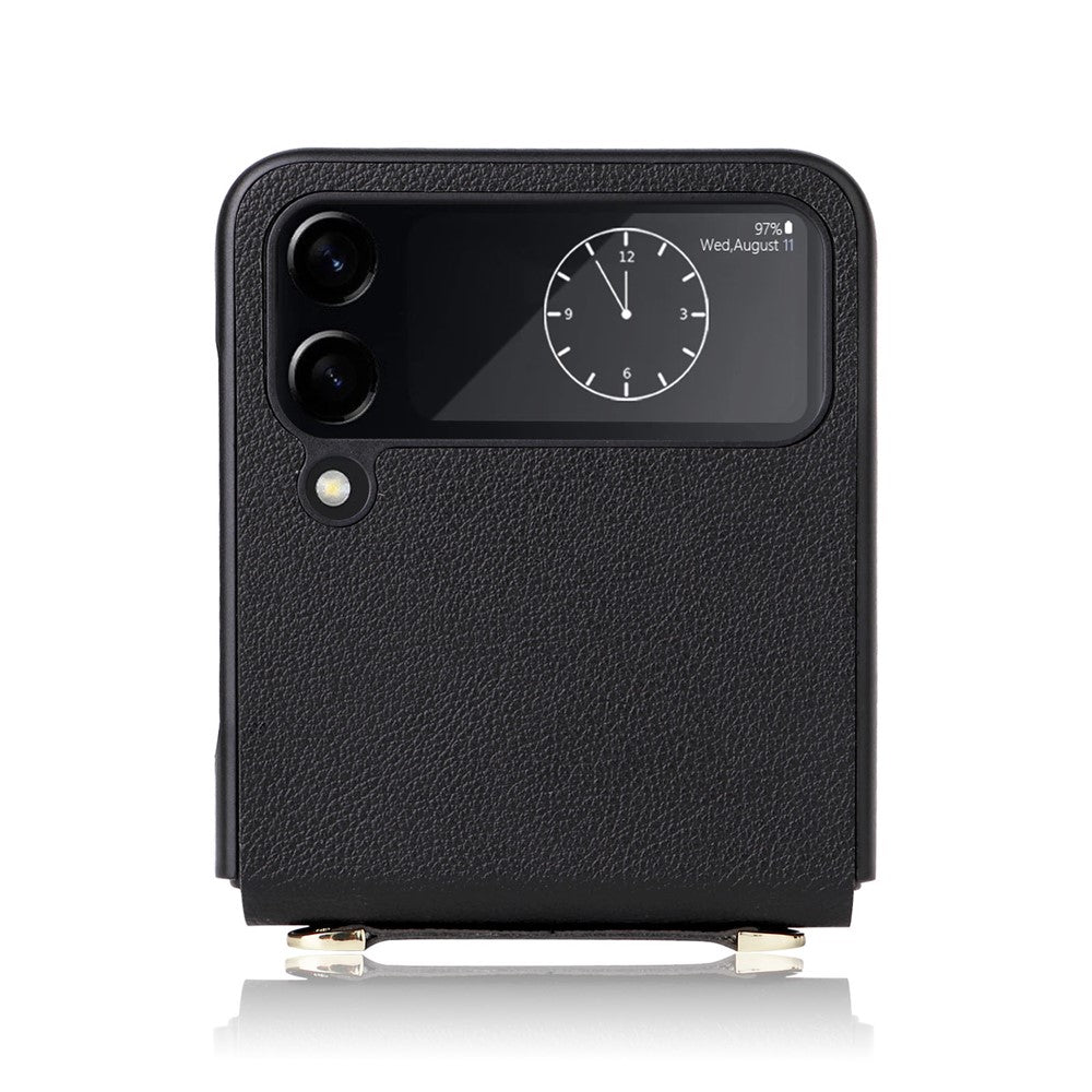 For Samsung Galaxy Z Flip4 5G Textured Leather Coated PC Cover Drop-proof Phone Case with Long Lanyard