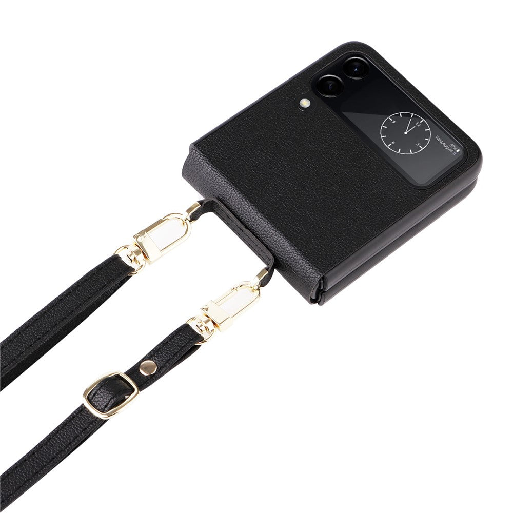For Samsung Galaxy Z Flip4 5G Textured Leather Coated PC Cover Drop-proof Phone Case with Long Lanyard