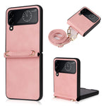 For Samsung Galaxy Z Flip4 5G Textured Leather Coated PC Cover Drop-proof Phone Case with Long Lanyard