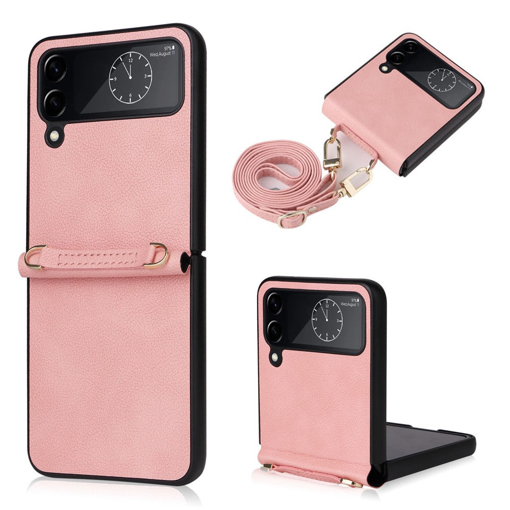 For Samsung Galaxy Z Flip4 5G Textured Leather Coated PC Cover Drop-proof Phone Case with Long Lanyard