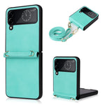 For Samsung Galaxy Z Flip4 5G Textured Leather Coated PC Cover Drop-proof Phone Case with Long Lanyard