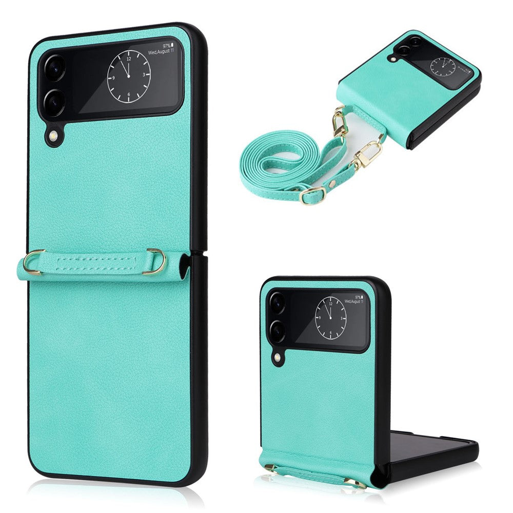 For Samsung Galaxy Z Flip4 5G Textured Leather Coated PC Cover Drop-proof Phone Case with Long Lanyard
