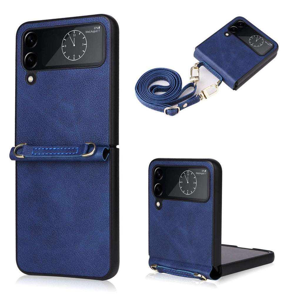 For Samsung Galaxy Z Flip4 5G Textured Leather Coated PC Cover Drop-proof Phone Case with Long Lanyard